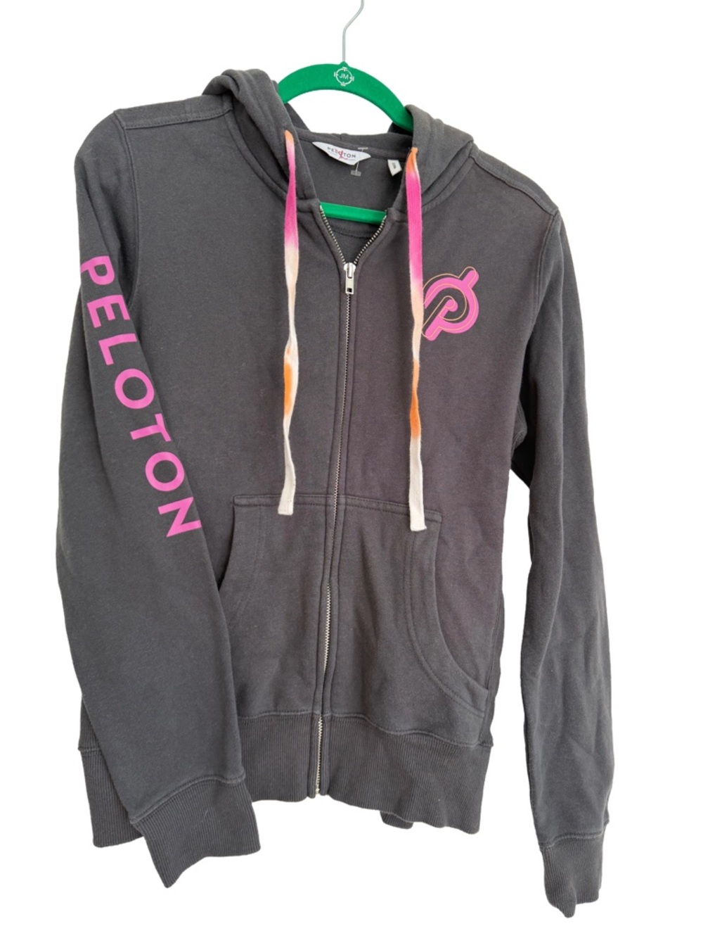 Peloton Ultimate Fleece Dark Gray Zip Hoodie Pink Logo Tie Dye Drawstrings Small